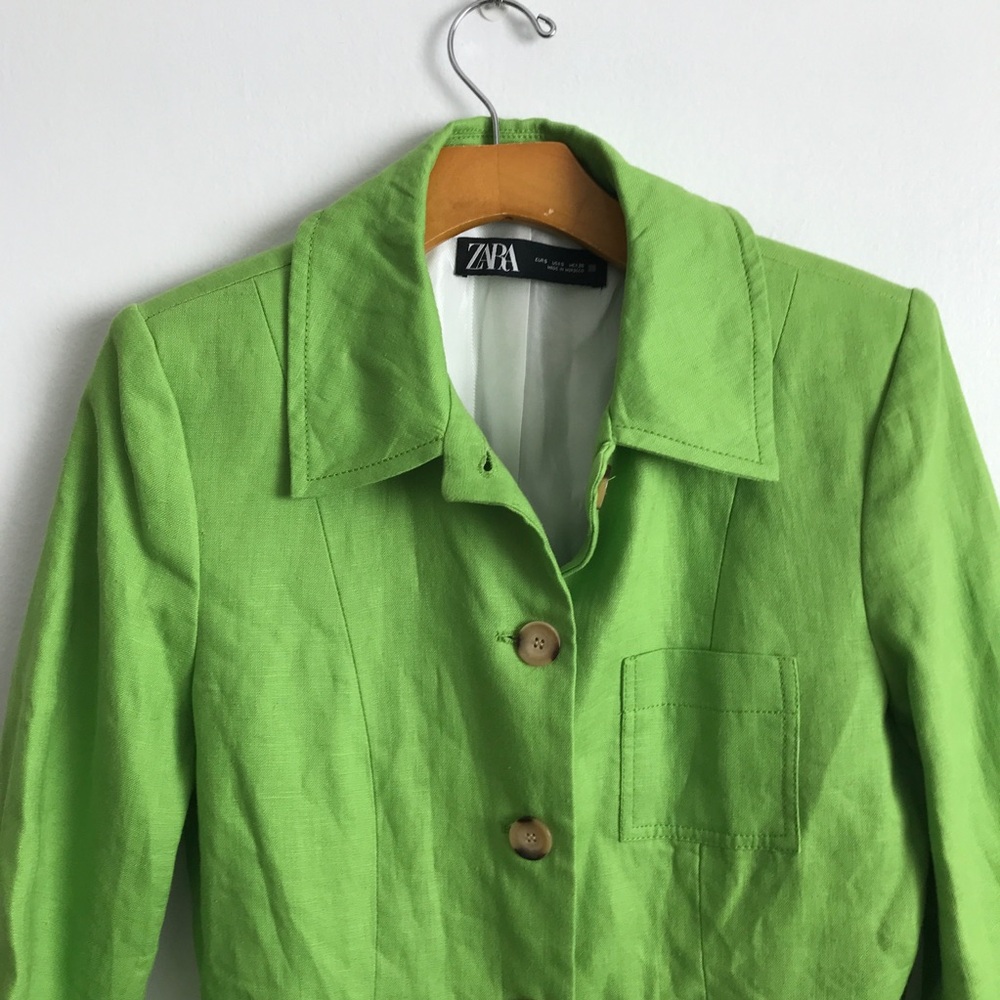 ZARA 100% LINEN SAFARI BLAZER JACKET LIME GREEN BUTTON WOMEMS SMALL - Picture 3 of 10
